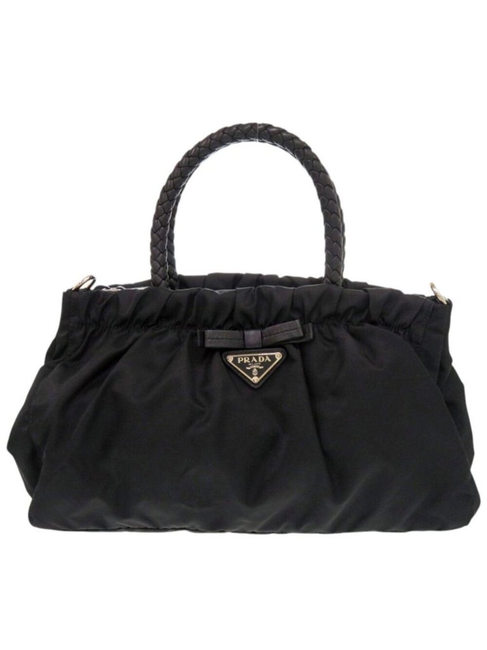 Prada Trssuto Bow Ribbon Nylon Leather Black Handbag